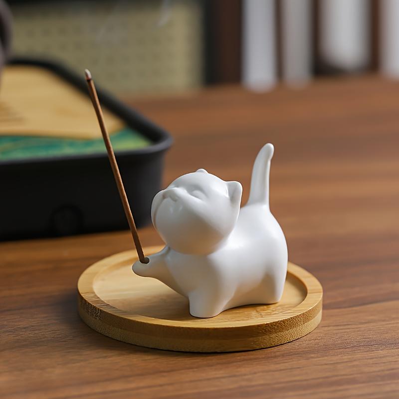 Cute White Cat & Orange Ceramic Tabletop Incense Holder with Matching Cat-Shaped Holder Home Decorative Incense Sticks
