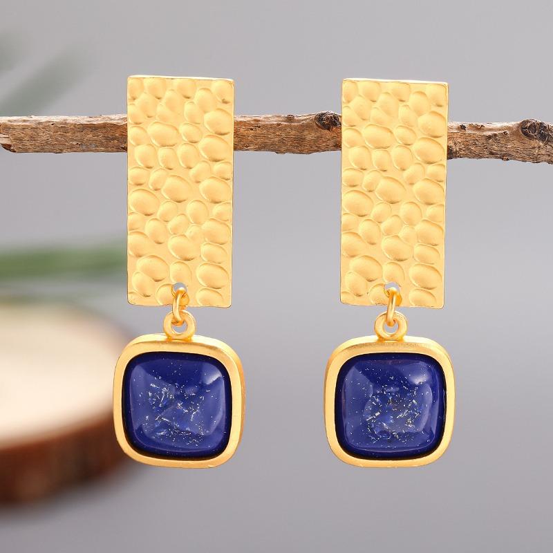 Boho Lapis Lazuli Square Shape Drop Dangle Earrings Retro Style Golden Women'S Jewelry