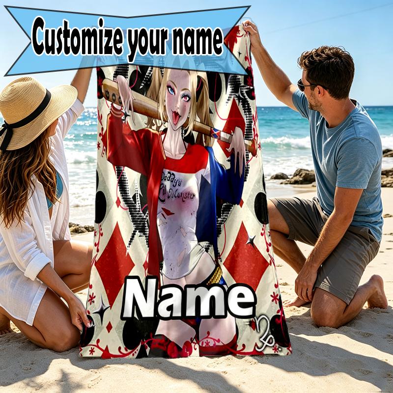 Custom Name Personalized Superhero Print Beach Towel, for Trip Camping Beach Party Home Decor, Birthday Gift for Family & Friends