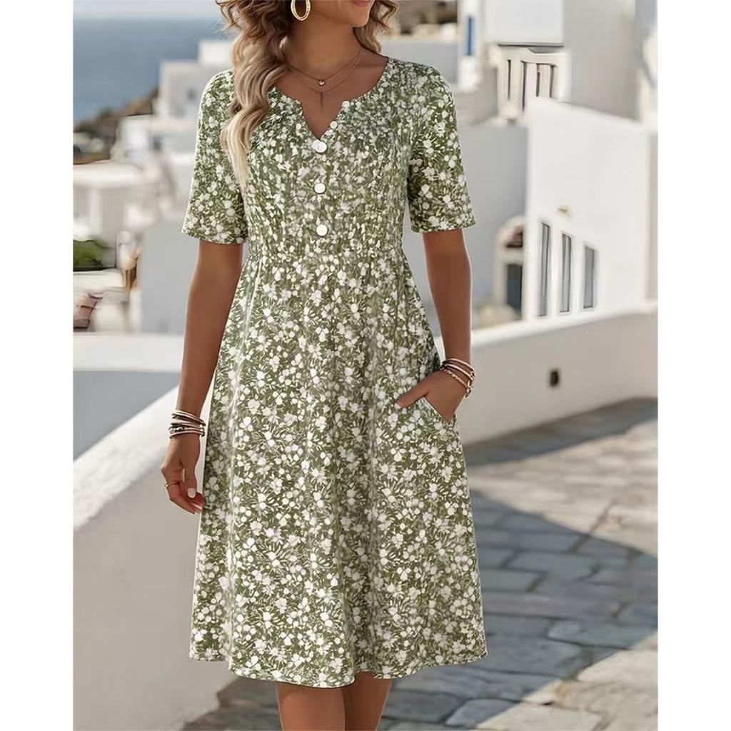 Summer New Floral Print V-neck Short Sleeve Midi Dress for Women, European Style Casual Ladies Dress