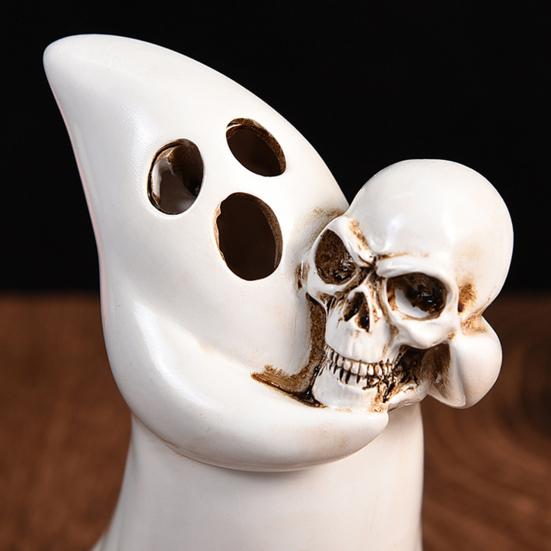 Decorative Light Holder Halloween Ghost Figurine with Skull, Resin Statue for Tabletop Decor, Creative Holiday Gift Friends Retro Gothic Ornament Home