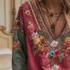 Women Tops V-Neck Long Sleeve Embroidery Flower Printing Tee Shirt Bohemia Ethnic Style