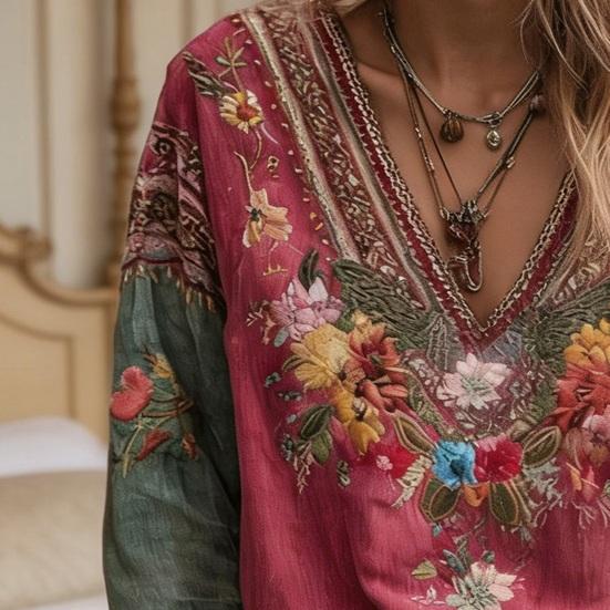 Women Tops V-Neck Long Sleeve Embroidery Flower Printing Tee Shirt Bohemia Ethnic Style