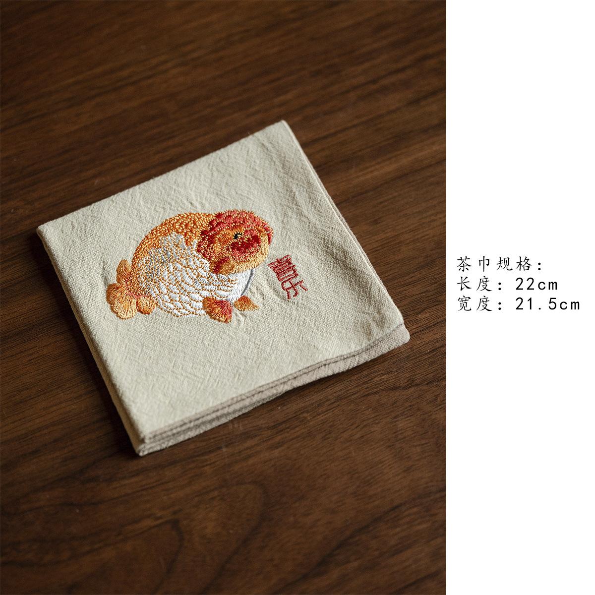 Handmade Embroidered Koi Fish Tea Towels Cotton-Linen Tea Towel Absorbent Napkins Tea Mat Chinese Canvas Ceremony Napkin Vintage