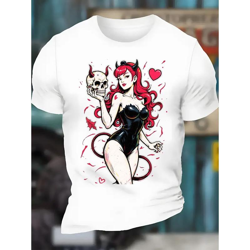 European Size Anime Devil Girl with Skull Graphic Print Polyester T-Shirt - Black Short Sleeve Round Neck Casual Streetwear Tee, Breathable Shirt