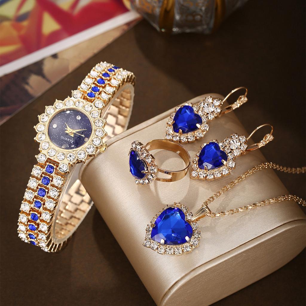 Golden Luxury Watch Women Ring Necklace Earring Rhinestone Fashion Wristwatch Casual Ladies Bracelet Watches Jewelry Set