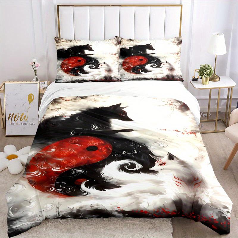 3pcs Yin Yang Fox Bedding Set Soft Polyester Down Comforter Cover and Pillowcases,Home Decoration All Seasons(No Insert) S0819100