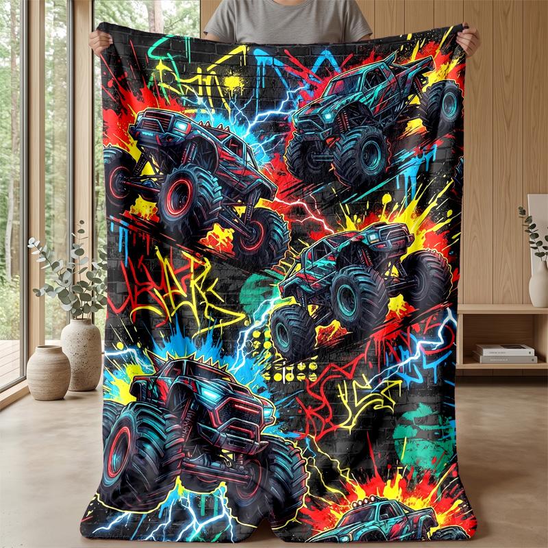 Neon Monster Truck Theme Blanket Lightweight Warm Flannel Blanket Decorative Throw Blanket for Home Decoration