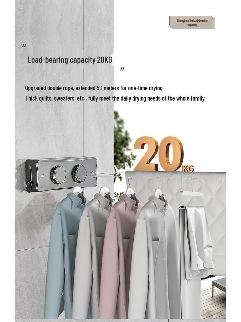 Einziehbare Wäscheleine für den Innenbereich - Stanzfreier Wäscheständer aus Stahldraht für Balkon & Badezimmer