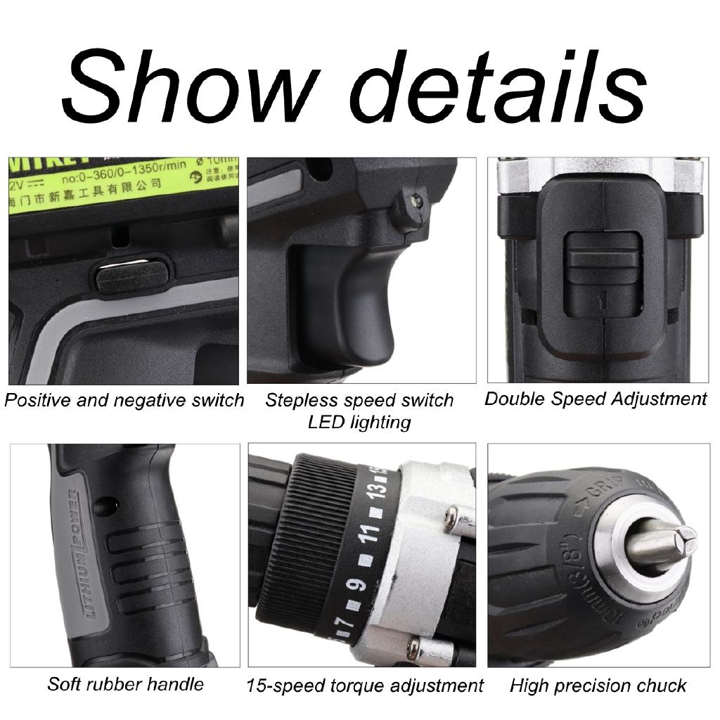 AC 100-240V 0-550r/min 0-1350r/min Cordless Drill Double Speed Adjustment LED Lighting 1/2Pcs Large Capacity Battery 35Nm 15-speed Torque Adjustment