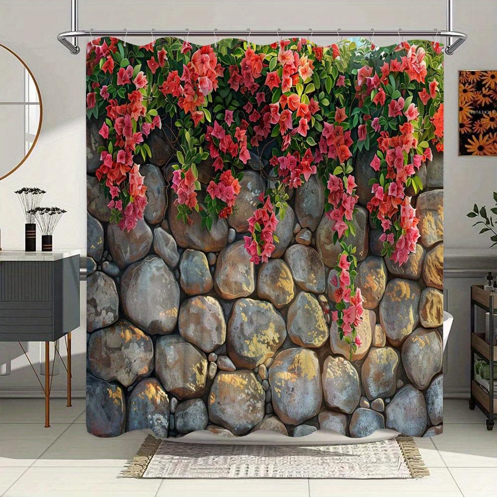 

Stone Wall With Blooming Flowers Waterproof Shower Curtain For Bathroom Decor, Modern Art Design, Vibrant Colors W60H190(CM)-1 Pcs