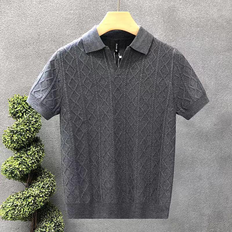Light Luxury Rhombus Jacquard Short-Sleeved Polo Shirt Men'S Business High-End Slim-Fitting Lapel-Neck Knitted T-Shirt