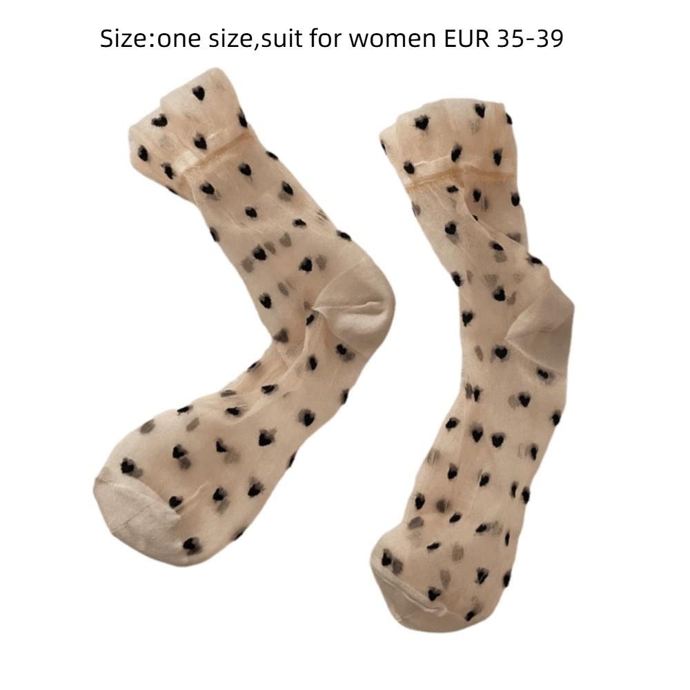 1pair Transparent Heart Print Socks Ultra-thin Mesh Medium Tube Socks Crystal Silk Socks  Women