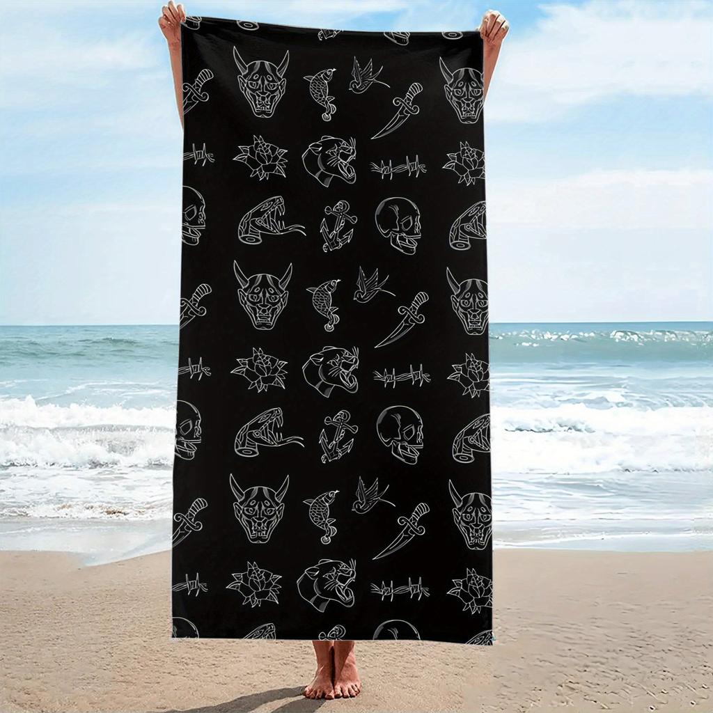 Traditional Tattoo Print Beach Towel, Microfiber Quick Dry Absorbent Soft Lightweight Blanket for Outdoor Travel Summer