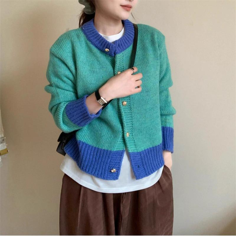 Autumn and winter new soft waxy retro crew neck sweater jacket women's loose lazy contrasting colors gentle wind knitted cardigan