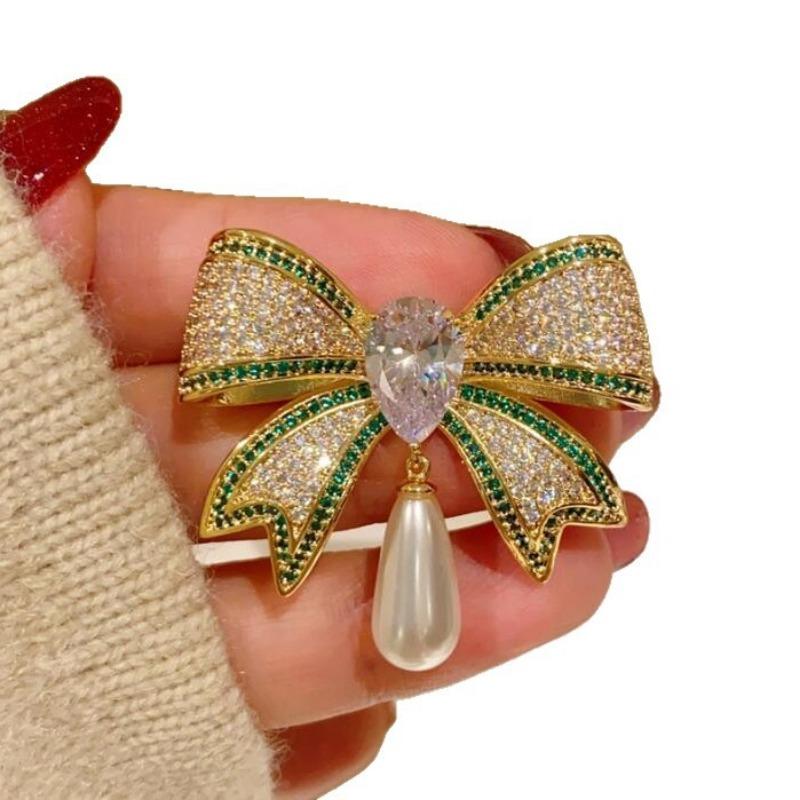 Retro High-end Sense Light Luxury Full Diamond Bow Brooch Brooch Exquisite Elegant Suit Pin Buckle with Jewelry