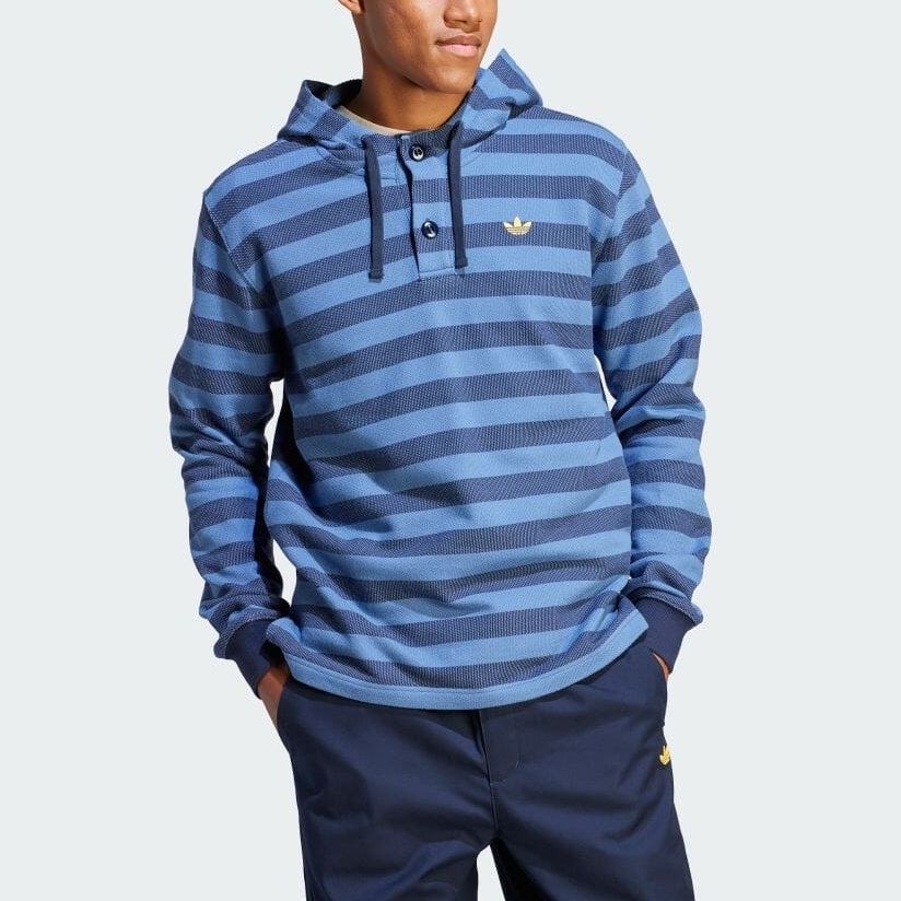 Adidas Originals Logo Print Ribbed Cuff Striped Hooded Sweatshirt Men Sweatshirt Blue IR7593