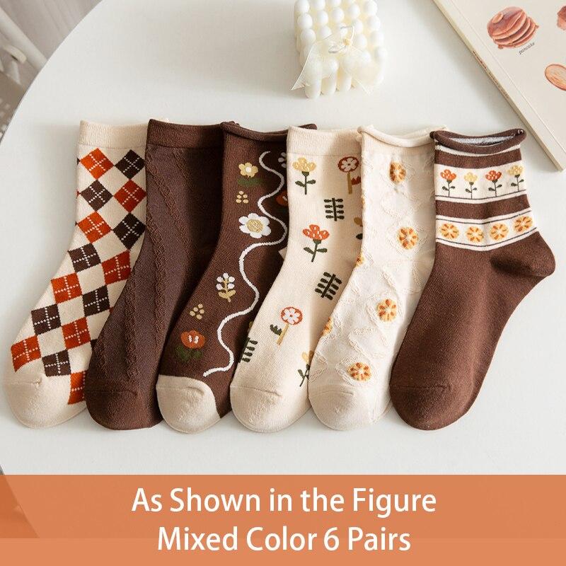 

6 пар женских носков средней длины на весну-лето, цвета хаки, с винтажным цветочным узором, ромбами, полосками, милые и удобные One Size