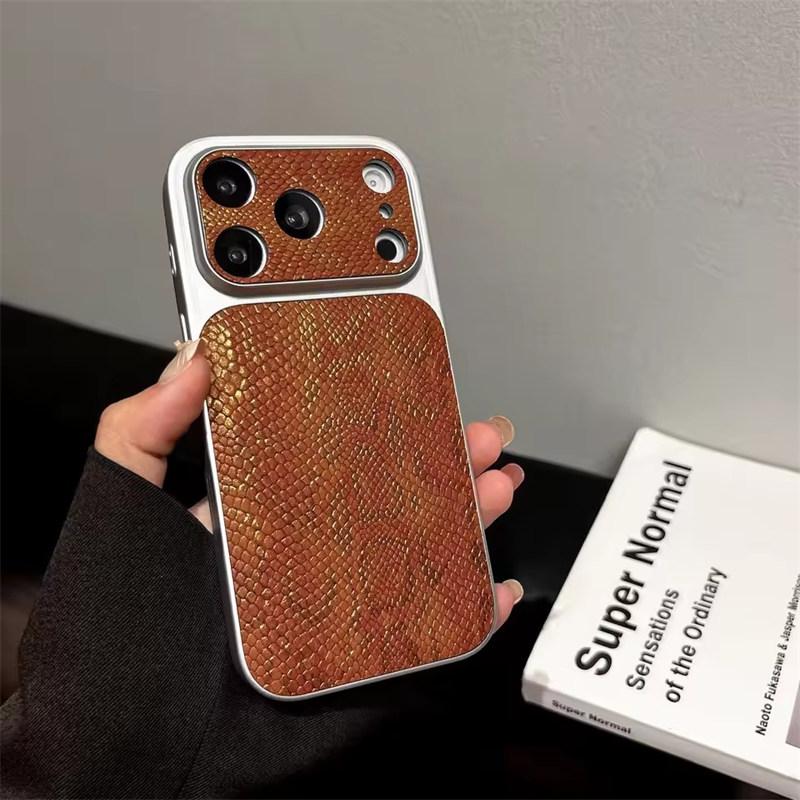 Premium Business Leather Texture Pattern Phone Case For iPhone 17 Air 16 15 14 13 Pro Max Plating Glossy Shockproof Back Cover