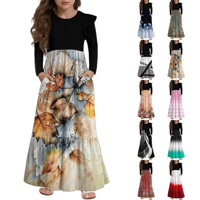 Mädchen Stufenkleid mit Rüschen - Langärmeliges bedrucktes Maxi mit Taschen