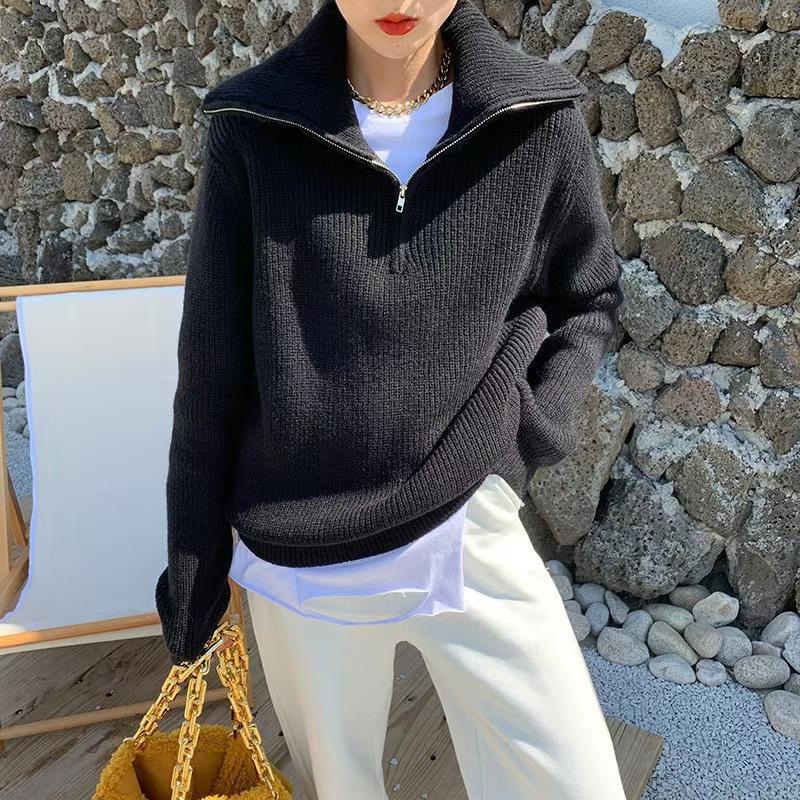 

хараюку однотонный водолазка на молнии женский свитер осень зима повседневный свободный вязаный свитер топ женский утолщенный пуловер One Size