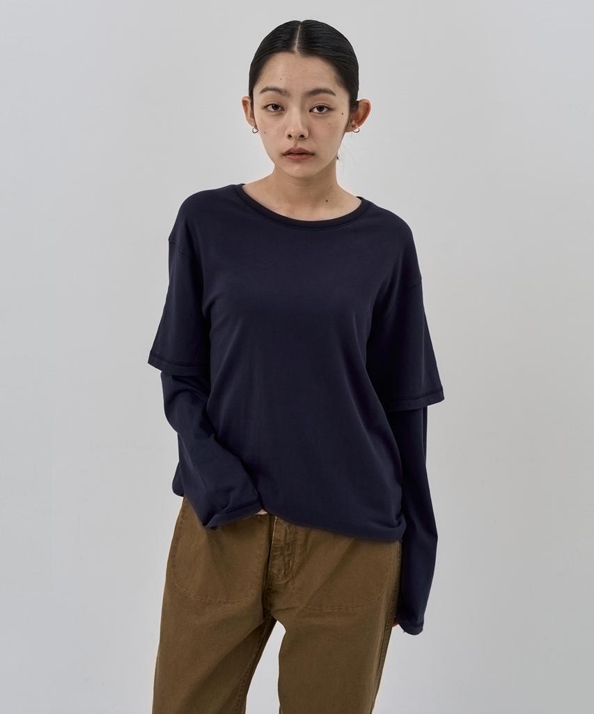 NUAKLE (W) Layered Sleeve T-Shirt_Navy