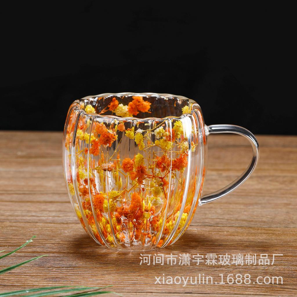 Double Wall Glass Cup with Real Flower, 0ml Clear Tumbler for Tea Coffee and