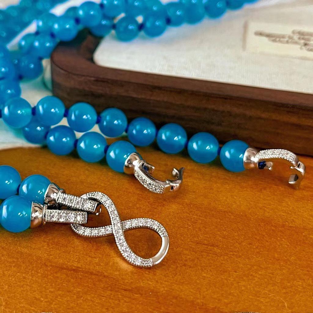 Retro 8Mm Natural Blue Chalcedony Double-Layer Agate Necklace, Sweater Chain, Quality Knotted