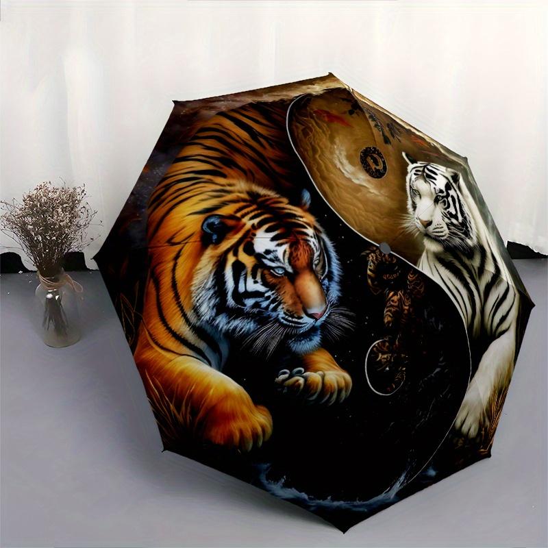 1pc Orange and White Tigers In Balance Fully Automatic Folding Portable Umbrella, 8 Iron Frames, Three-Fold Design, Suitable for All Seasons, Suitable