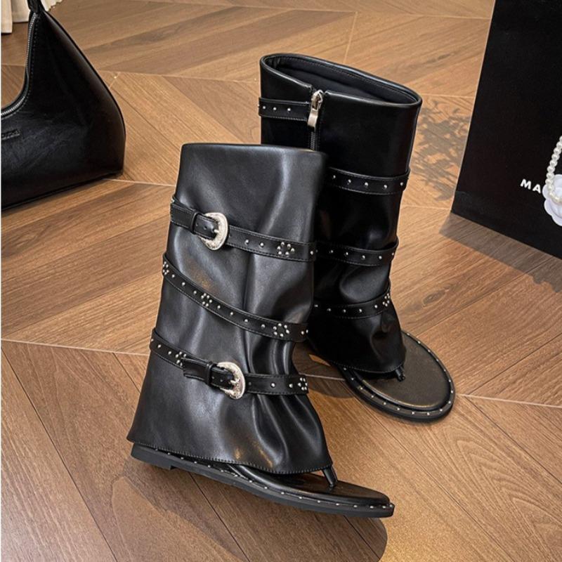 Women's Fashion Summer Boots Women's Wedge-heeled Sandals Retro Roman Leather Mid-collet Toe Pants Tube Boots Sandalias De Mujer
