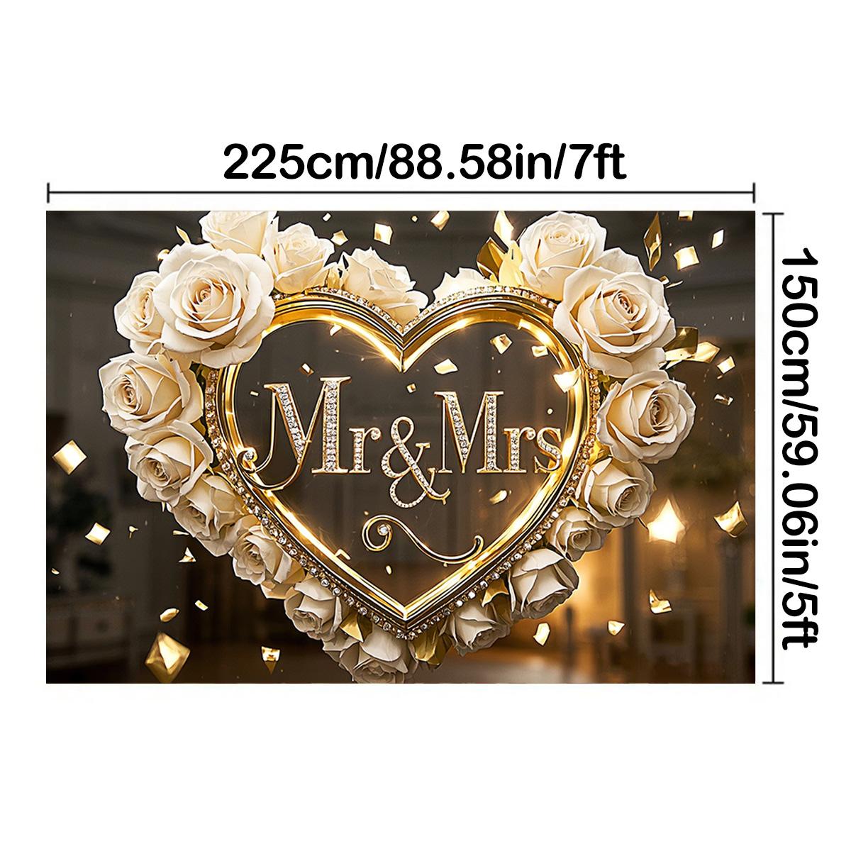 

1 шт. Свадебный фон Mr&Mrs с белыми розами и золотыми сердцами, настенный декор для фотосъемки, вечеринки, плаката на день рождения, годовщину для улицы и помещения 225*150cm