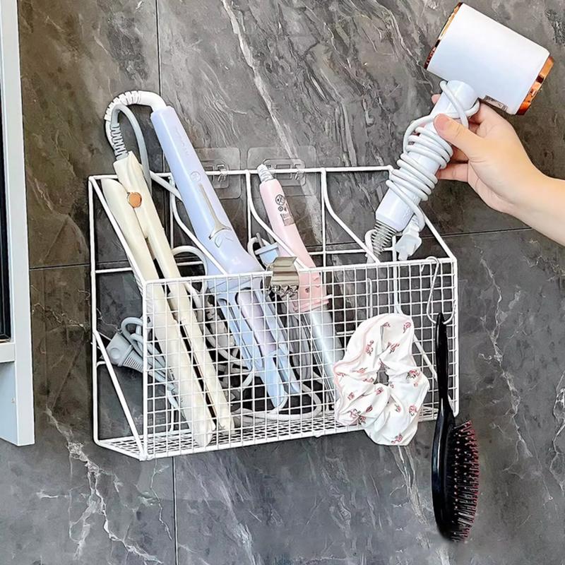 Wall Mounted Hair Dryer Holder Curling Iron Holder Hair Styling Tools Organizer With Shelf Hooks Multi-Functional Storage Rack