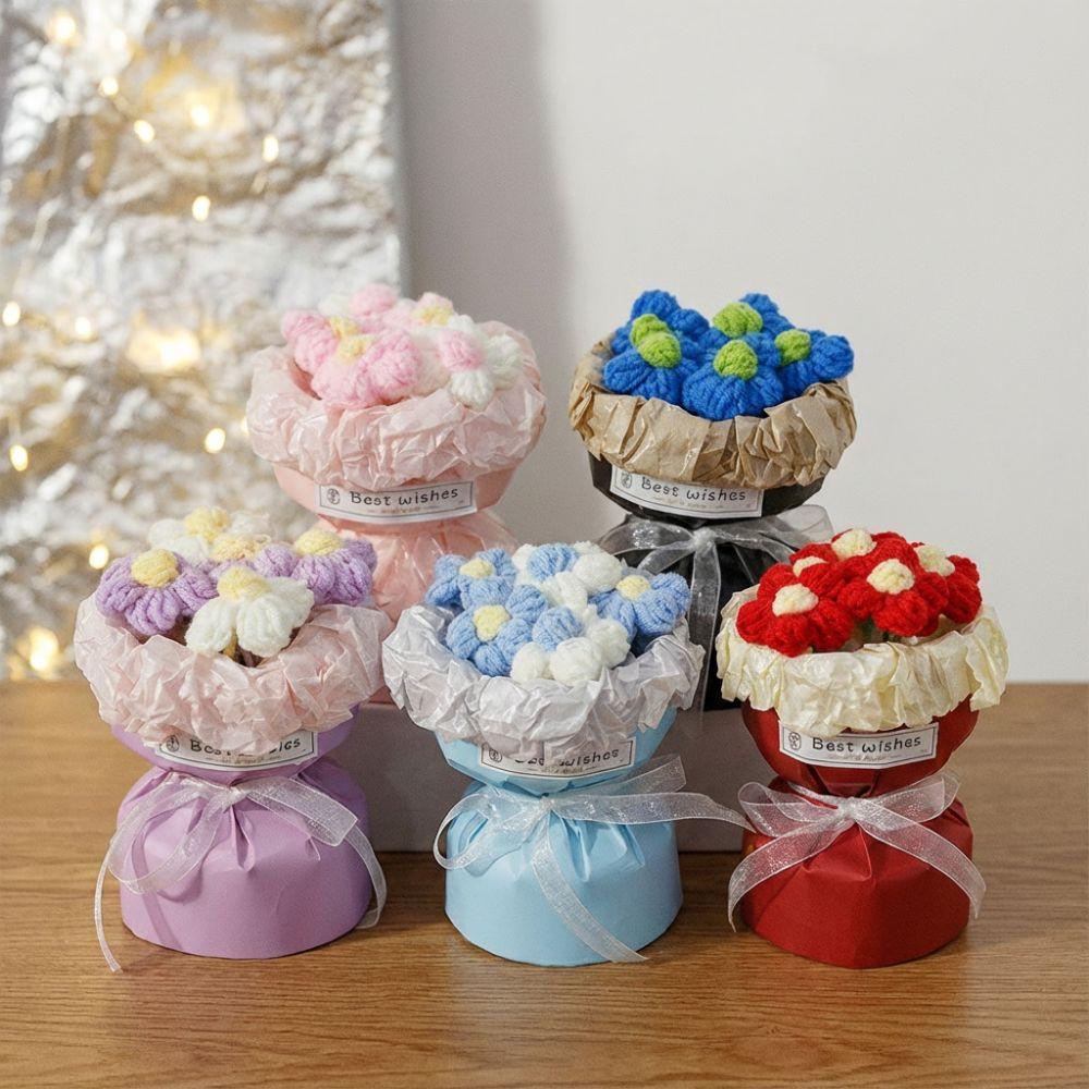 Handmade Knitted Finished Rose Flowers Bouquet Room Decoration Colorful Mini Finished Crochet Bouquet Birthday Valentine's Gift