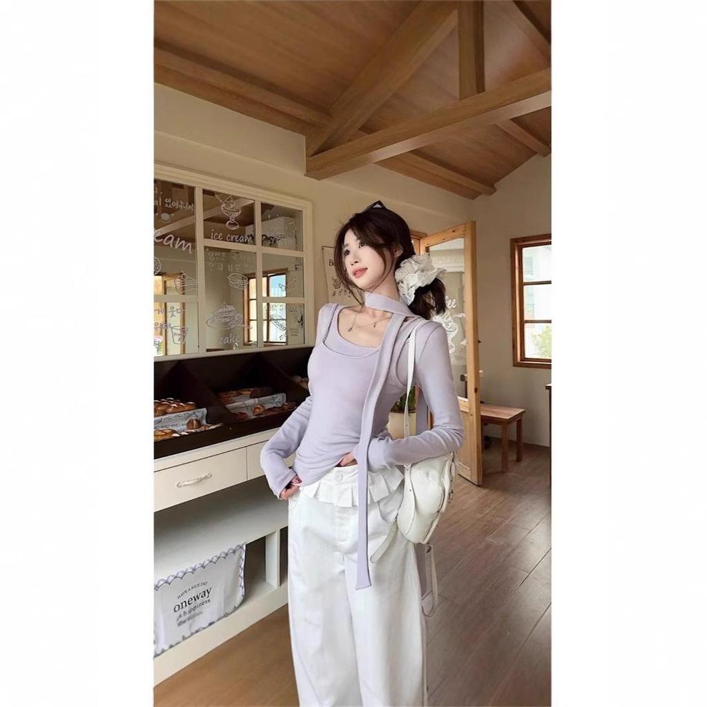Women's Spring Wind Collar Long-Sleeve Ribbon Two-Piece Design T-Shirt