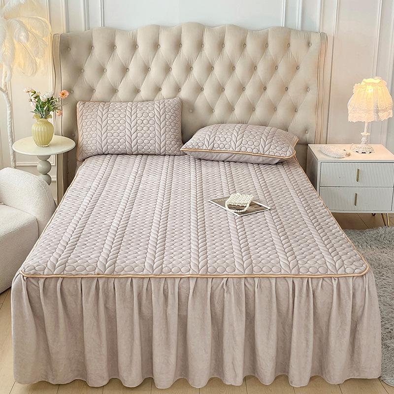 3-teiliges Luxus-Bettwäsche-Set, gesteppter Bettrand mit 2 Kissenbezügen, dicker warmer rutschfester Matratzenschoner, einfarbiges Bettlaken und Bettbezug