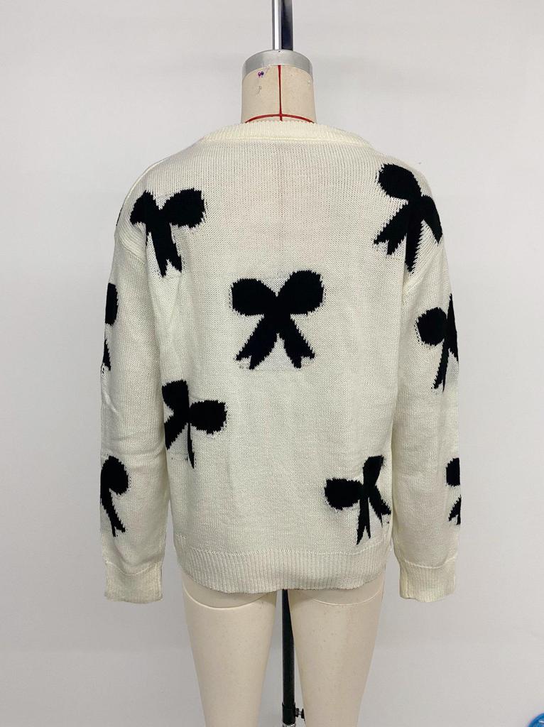 2026 Autumn/Winter Women's Bow Jacquard Round Neck Long Sleeve Sweater