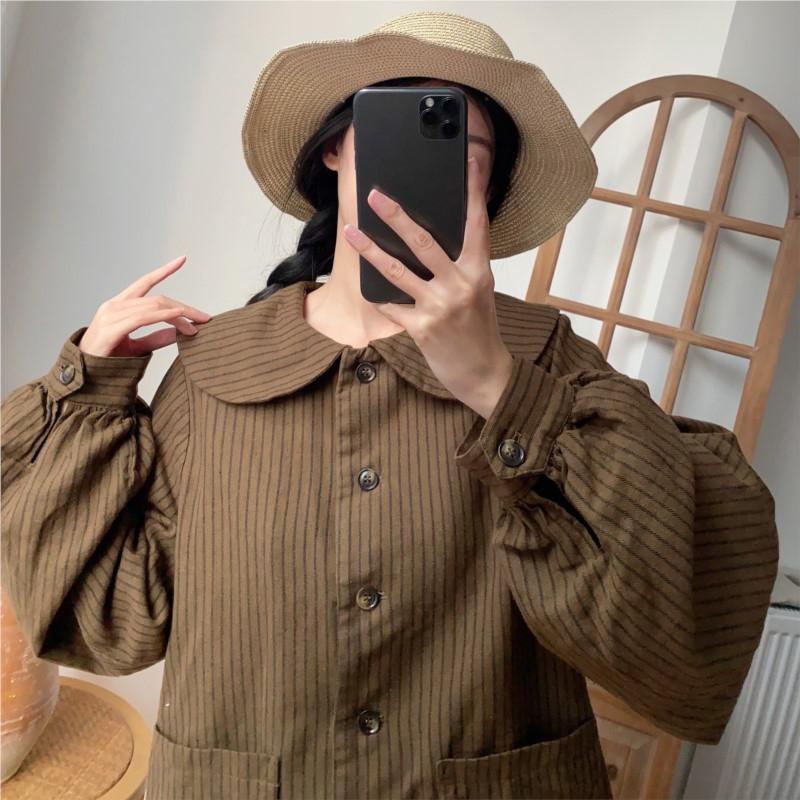 Johnature Jackets Spring Vintage Casual Turn-down Collar Striped All Match Pockets Loose Female Coats