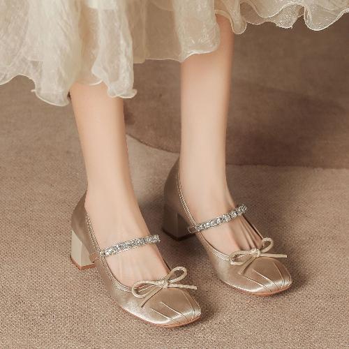 Women Comfortable High Heels Summer Chunky Heel Square Toe Bowknot Shoes for Long Standing Advanced Elegance