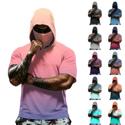 Men's Summer Camouflage Gradient Drying Short-sleeved T-shirt, Sun Clothing, Fishing, Fitness, Sports, Hooded Short-sleeved Shirt