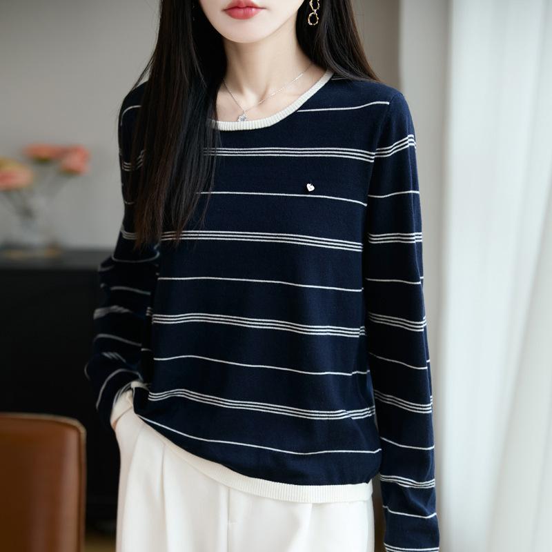 

Новый осенний повседневный и простой полосатый свитер с цветными блоками, свободная футболка с длинным рукавом, базовый топ one size темно-синий