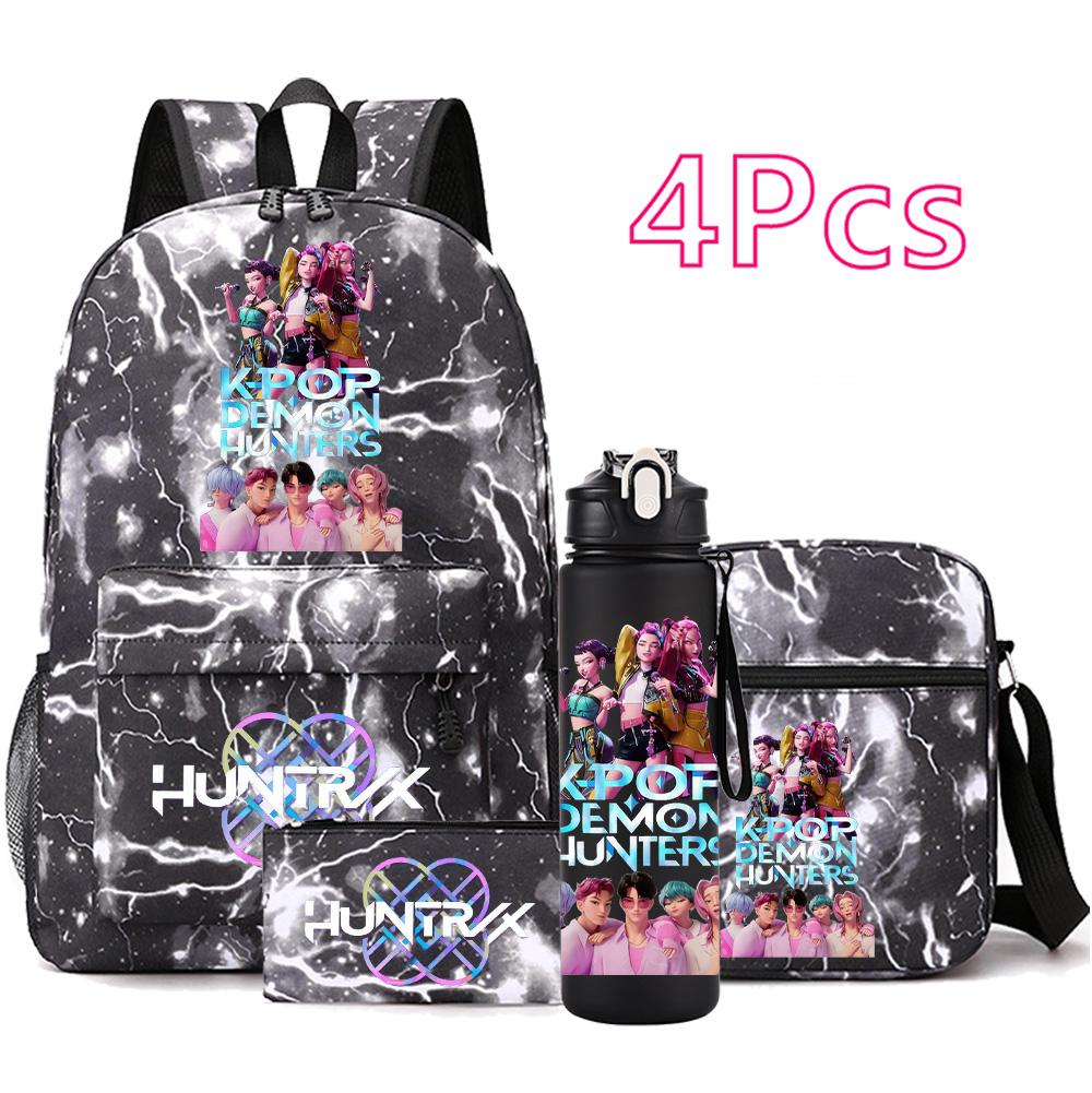 4-teiliges/Set Anime Niedlich K-Pop Bedruckter Rucksack mit 750 ml Wasserflasche für Teenager Schüler Mädchen Junge Schultasche Kindergeschenk Große Kapazität Reisetasche Mochila