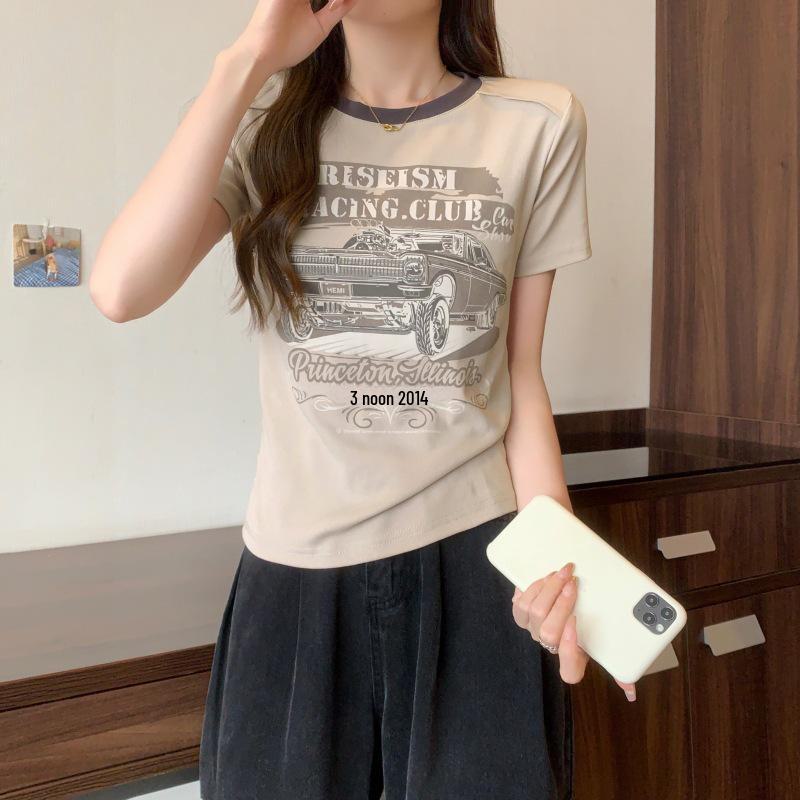 

Женская облегающая футболка с коротким рукавом и принтом в стиле ретро — новые летние стили, дизайн контрастных цветов. S коричневый