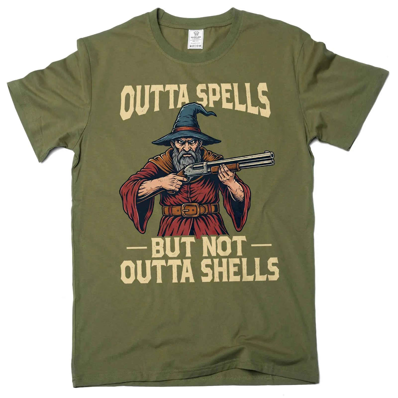 funny outta spells but not outta shells humorous wizard magician tee shirt L