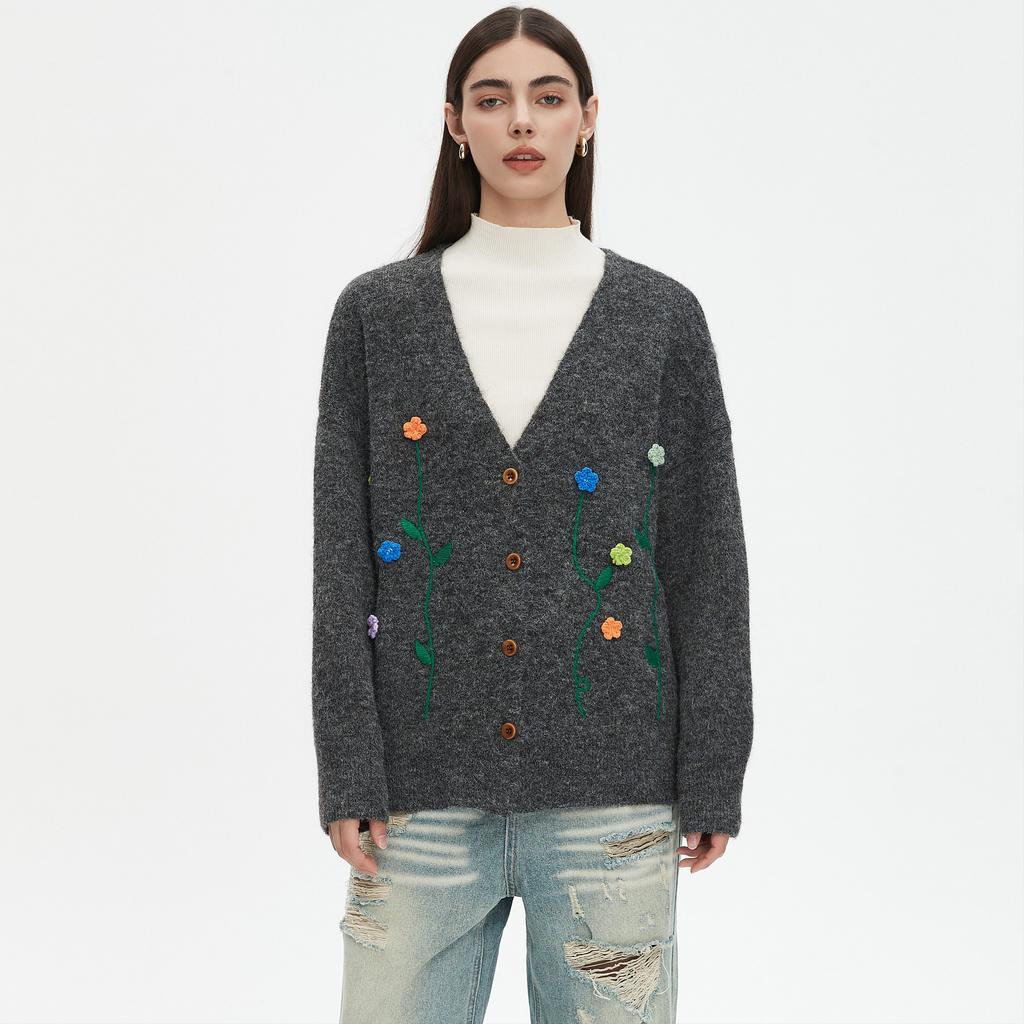 Dimanaf 2025 Sweaters Buttons Embroidery Print Cardigan Autumn Pockets Women Print Sweaters Knitting Loose Sweater