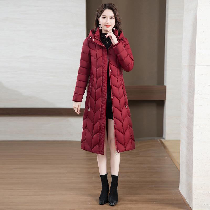 2025 Cotton Jacket New Over-the-Knee Down Padded Jacket Slim Slim Thickened Jacket Padded Jacket Winter Hood