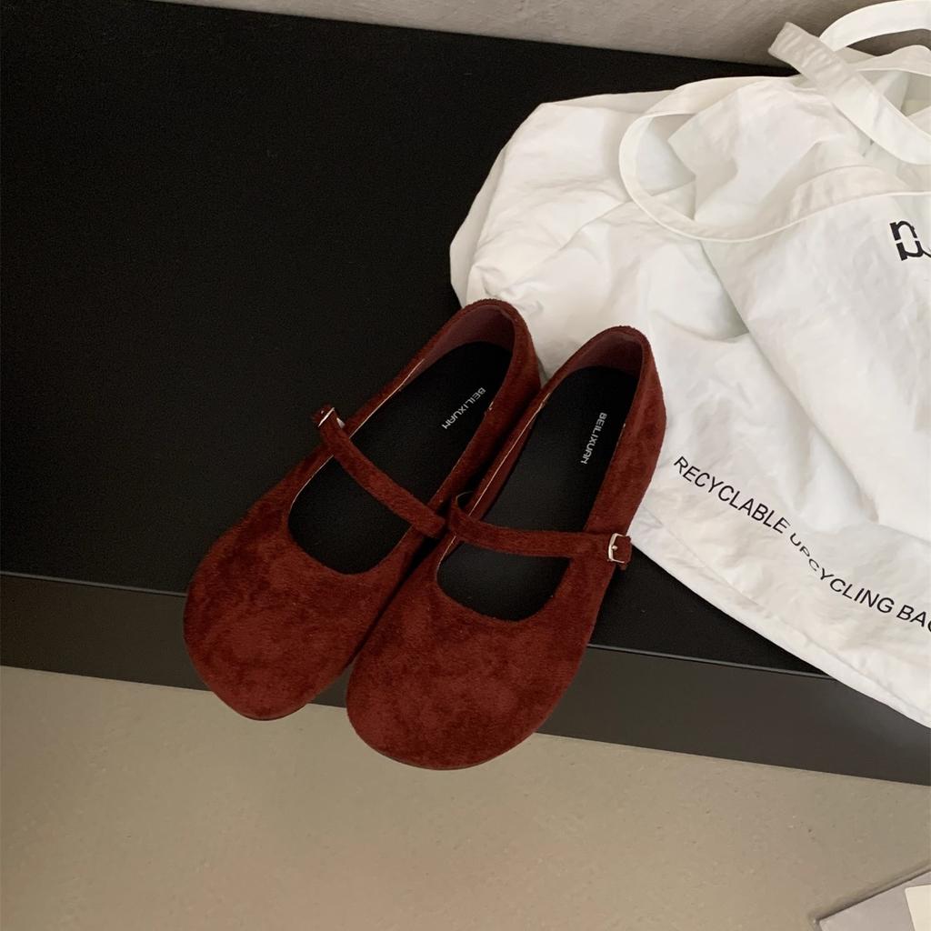 Retro late evening wind suede Mary Jane shoes children autumn and winter new red ballet light mouth soft flat single shoes women