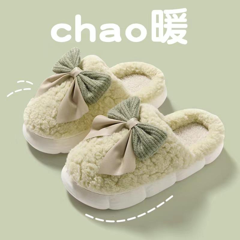 Cotton slippers women's autumn and winter home home home non-slip and warm new cute plush bow bag and cotton drag girl