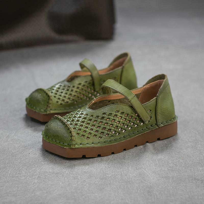 Johnature Genuine Leather Retro Hollow-out Breathable Flat Sandals Square Toe Comfortable Women's Shoes