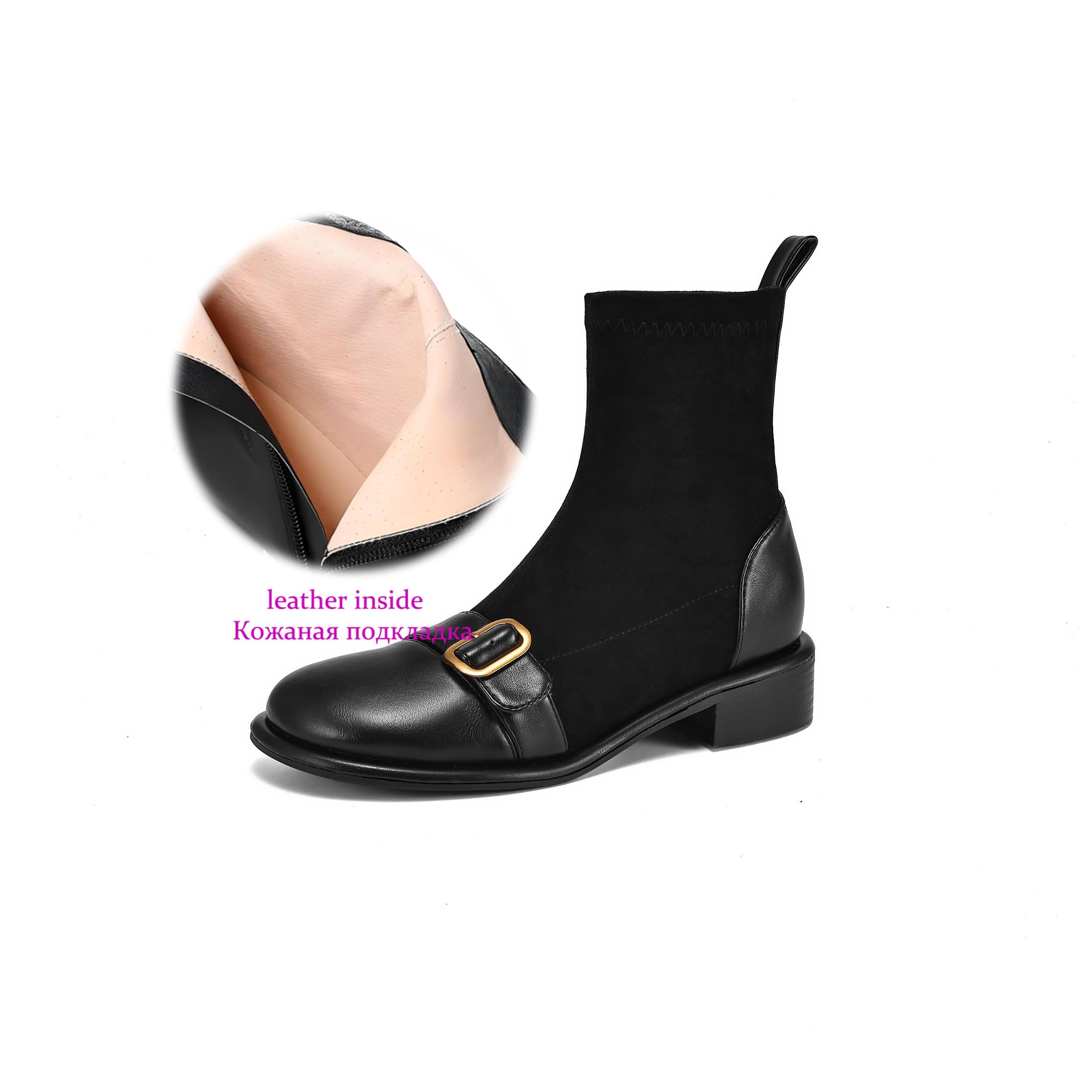 

Krazing Pot Flock Autumn Winter Shoes Low Heels Size 43 Stretch Boots Back Preppy Style Metal Buckle Elastic Ankle Boots 34