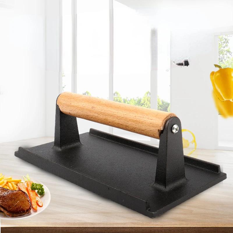 1pc Cast Iron Grill Press Rectangle Cast Wood Handle Meat Steak Bacon Squid Grill Fried Sandwich BBQ Pressure Plate Cooking Tool